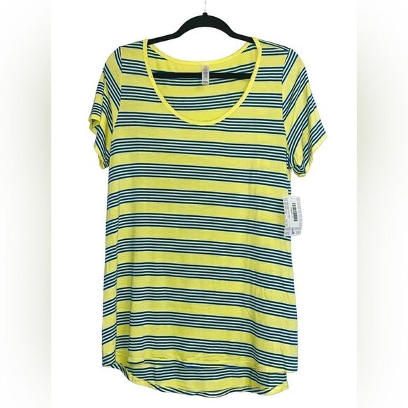 LuLaRoe Women’s Large Yellow w/Blue Stripes Classic Tee Blouse Coastal Comfy - Picture 1 of 16